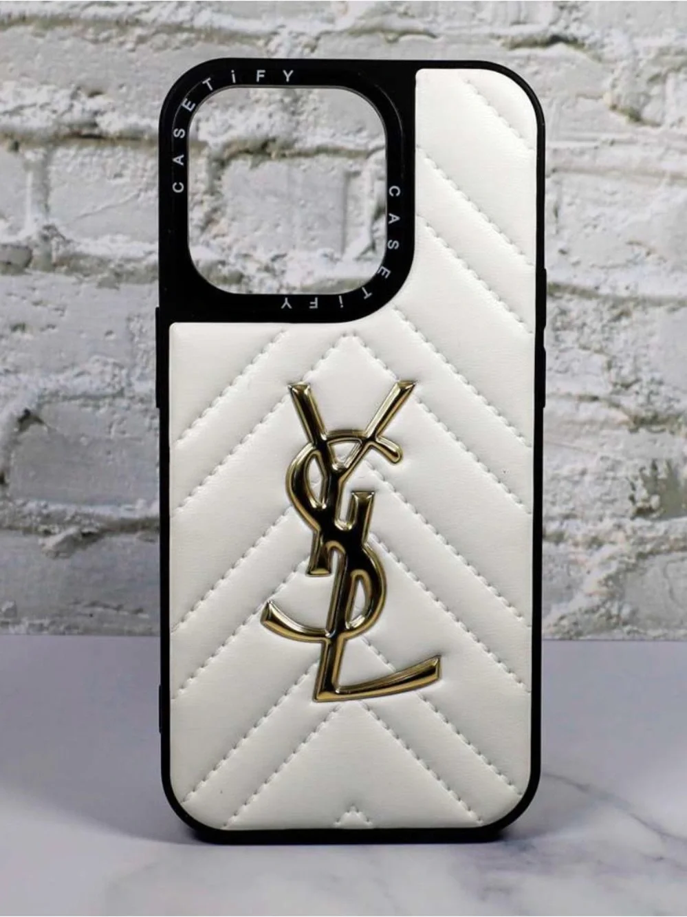 Casetify White Quilted Phone Case with Gold YSL Emblem